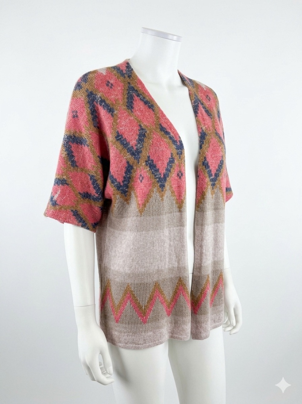 Pink & Beige Open-Front Aztec Short Sleeve Cardigan